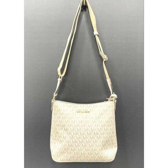 $348 EUC Michael Kors White & Beige Signature Logo Crossbody Bag - Picture 1 of 7